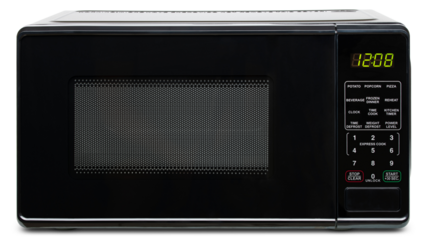 Microwave oven. Black microwave oven for warming food, drink, cooking lunch, defrost meat, cook meal. Electrical kitchen appliances. New equipment for house. Isolated background. Object photography