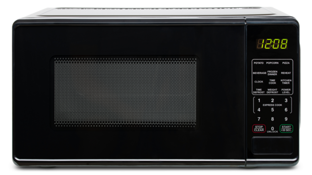 Microwave oven. Black microwave oven for warming food, drink, cooking lunch, defrost meat, cook meal. Electrical kitchen appliances. New equipment for house. Isolated background. Object photography