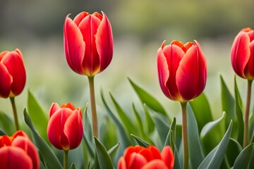 A bunch of red tulips are in a field