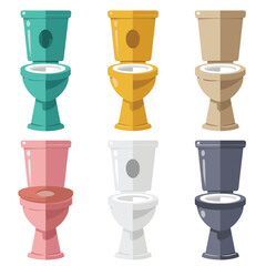 Colorful ceramic toilets set isolated white background. Toilets home improvement sanitary ceramics cartoon style. Different shades bathroom fixtures, clean toilet array graphic design