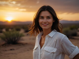 Mujer sonrrie en el desierto al atardecer en el desierto