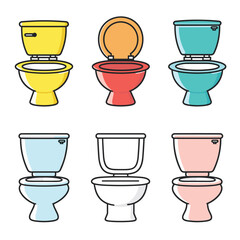 Six colorful toilet bowls arranged two rows. Cartoon style toilets yellow, red, blue, light blue, white, pink. Simple bathroom fixture illustrations isolated white background