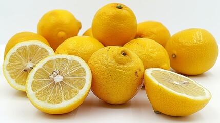 A collection of shiny, yellow lemons, with some cut in half to showcase the juicy, segmented interiors, set against a clean white background. isolate on white background Minimal and Simple style