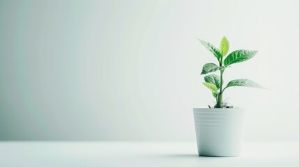 small plant grow on pot copy space on white background with minimalist style 