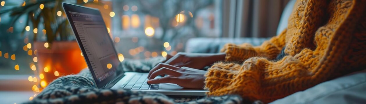 Person wearing a cozy sweater working on a laptop at home, with warm lighting and a blurred background of holiday lights.