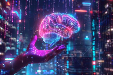 A hand holding a futuristic, holographic brain with digital circuits and neon blue and purple lights, set against a cyberpunk cityscape background
