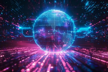 A holographic globe with neon blue and purple network connections, floating above a futuristic digital grid, set against a hightech, cyberpunk background, business concept