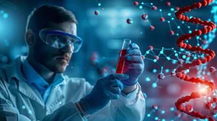 A scientist in a lab coat and gloves holding a test tube with a red liquid