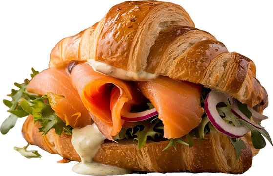 smoked salmon croissant sandwich isolated on a transparent background