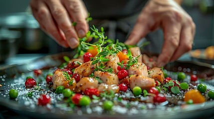 A chef's hands garnishing a dish with fresh herbs, adding the final touches to a culinary masterpiece. Minimal and Simple style