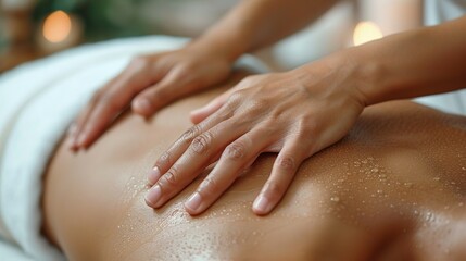 Naklejka premium A massage therapist's hands applying pressure to a client's back, showing the soothing and therapeutic touch. Minimal and Simple style