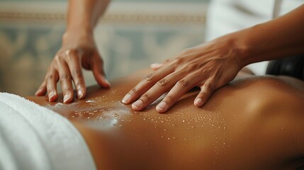 A massage therapist's hands applying pressure to a client's back, showing the soothing and therapeutic touch. Minimal and Simple style - Powered by Adobe