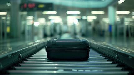 Single black suitcase on airport conveyor belt during early morning.