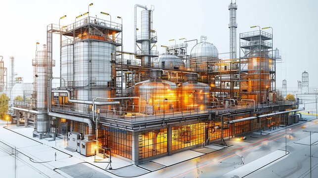 Construction sketches of chemical reactors superimposed on real chemical plant setups. Minimal and Simple style