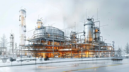 Construction sketches of cooling towers overlaid on functioning refinery cooling towers. Minimal and Simple style