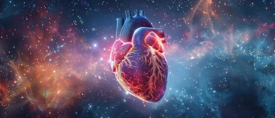 An abstract human heart composed of luminous light beams and floating geometric shapes