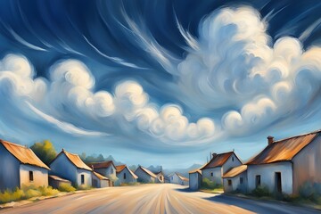 A painting of a small town with a cloudy sky