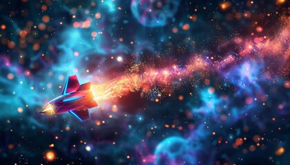 An abstract rocket made of glowing light beams and floating geometric shapes