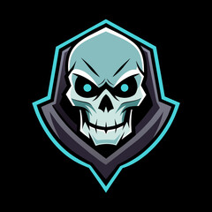 Fierce skull logo with gray hood on head, geometric design, perfect for esports teams, gaming communities, and branding. High-quality vector illustration conveying power, boldness, and sinister vibe