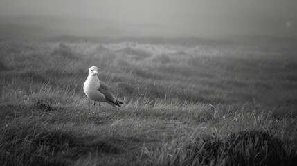 Fototapeta premium A sea gull in white and grey is standing in the far distance