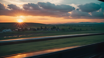 Obraz premium A view from a train window with a beautiful view, the feeling of moving in the picture, Generative AI