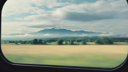 Fototapeta premium A view from a train window with a beautiful view, the feeling of moving in the picture, Generative AI