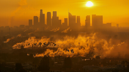 Obraz premium A city skyline enveloped in smog and pollution.