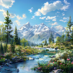 Serenely Majestic Mountain Landscape with Lush Forests, Wildflowers, and Reflective River