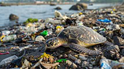 A sea turtle tangled in plastic debris.