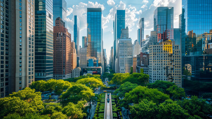 Obraz premium A bustling urban area with green rooftops and gardens.