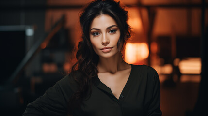 Fototapeta premium Elegant Woman in Solid Color Attire in a Movie Studio Setting