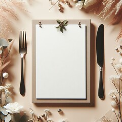 A restaurant menu mock-up in white, alongside some utensils.