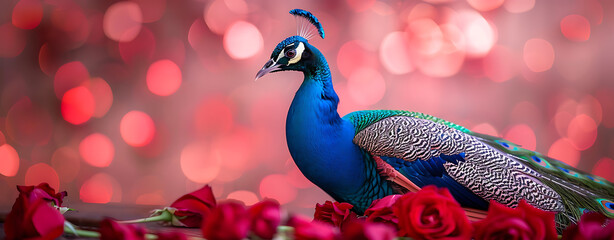 Colorful peacock feathers on a wooden table surrounded by many colorful roses