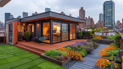 A rooftop garden on an urban skyscraper.