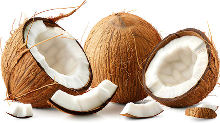 Set of fresh half coconut slices isolated on white background, side view