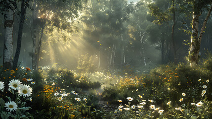 Fototapeta premium A beautiful and old growth forest of healthy green spruce, pine trees and flowers