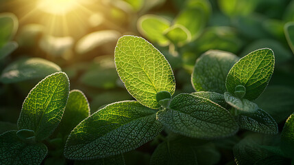 Close-up of fresh green sage leaves with beautiful background against sunlight