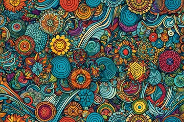 A colorful abstract painting with many different shapes and colors