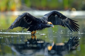 Fototapeta premium A vivid shot of a condor gracefully landing on the surface of water with outstretched wings and visible water droplets