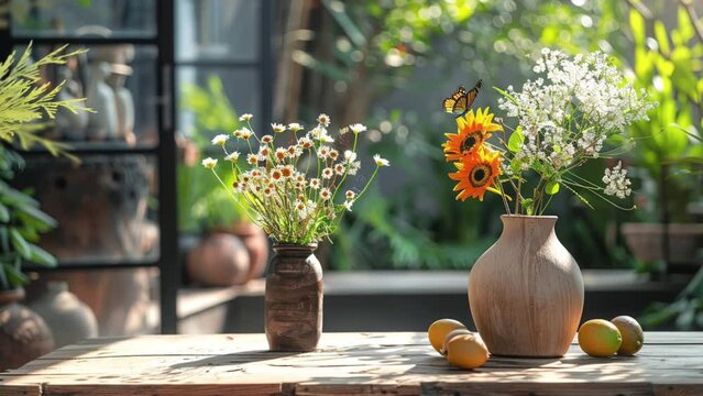 Rustic Flower Arrangements on a table with bokeh background