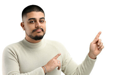 A man, close-up, on a white background, points to the side