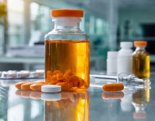 Close up of a bottle with pills on the table in the laboratory