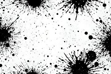 A black and white photo of splatters of paint on a white background