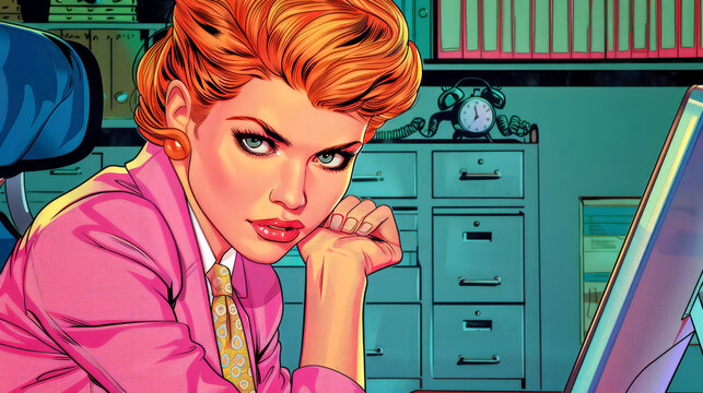Woman business executive comic illustration retro pop art style, colorful cartoon of a serious woman in an old style office file cabinets computer