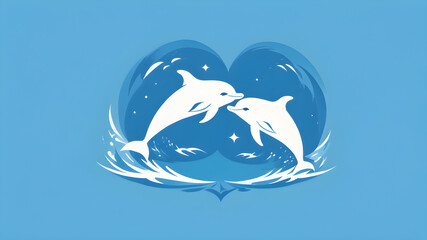 Obraz premium two graceful dolphins leaping out of the water. The dolphins are facing each other and are forming the shape of a heart, Generative AI