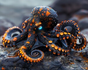 An octopus with a steampunk aesthetic The octopus is black with orange accents and has glowing blue eyes