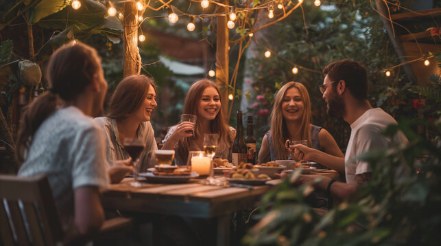 A lively group of friends gathered around a table at a rustic outdoor restaurant, enjoying a summer evening. The scene includes five people (three women and two men), sharing a meal and laughing under