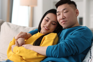 Happy young couple on sofa at home