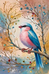 A vibrant and whimsical illustration of a bird perched on a branch