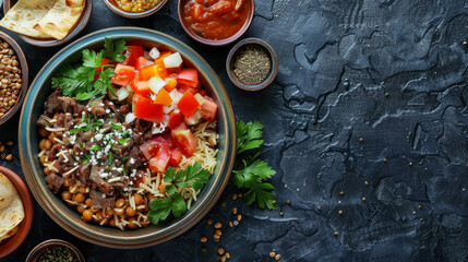 egyptian koshari topped with lentils, beef, fresh tomatoes, and herbs, served with side dishes copy space for text